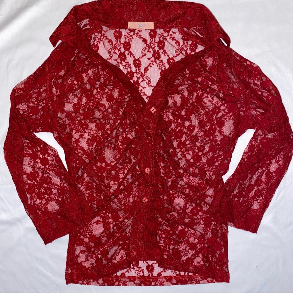 Vintage F21 Red Lace Button Up Shirt